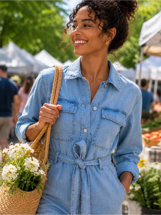 OAT Pants - OAT Denim Cropped Jumpsuit WMNS L Blue Waist Tie Button Up Patch Pocket New York